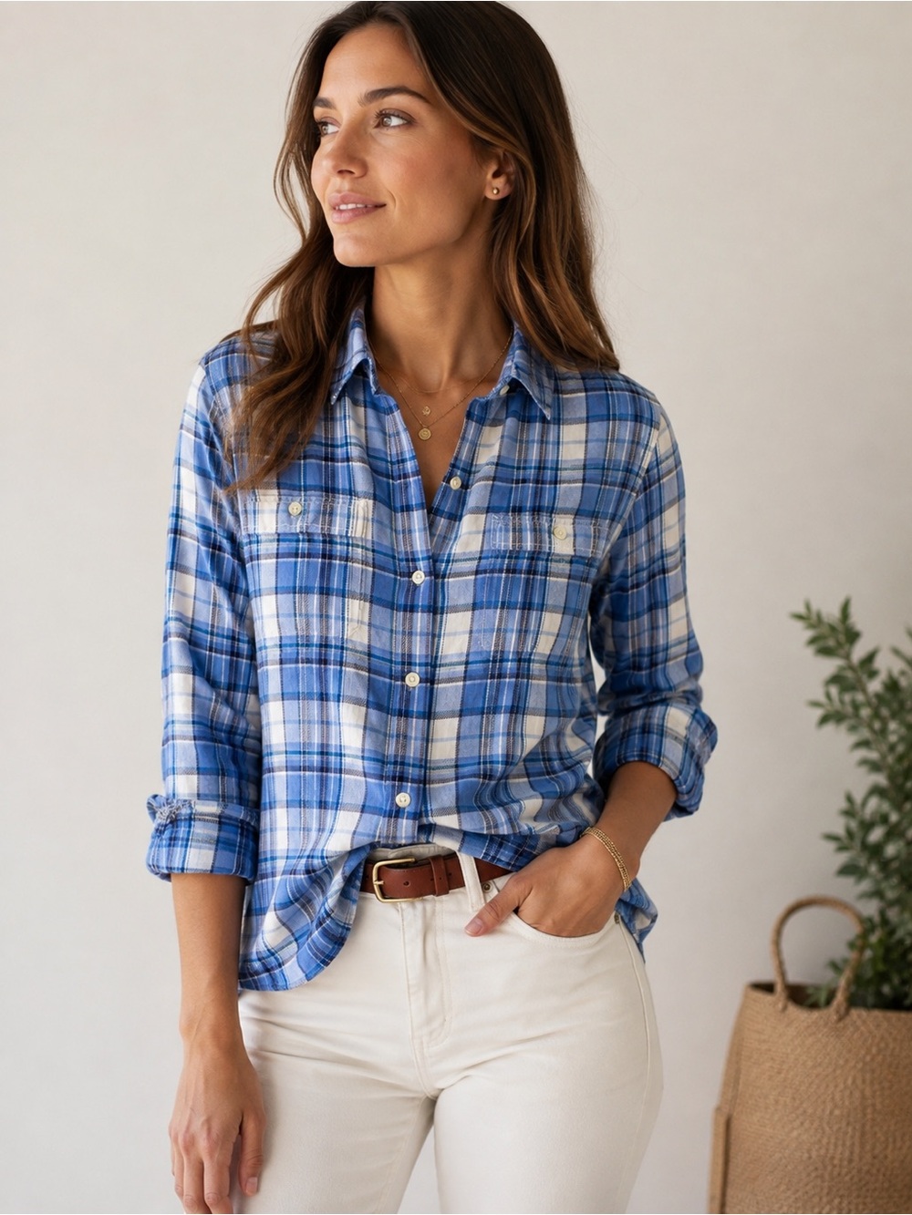 Lauren Ralph Lauren Denim Blue Plaid Cotton Button Down Shirt M